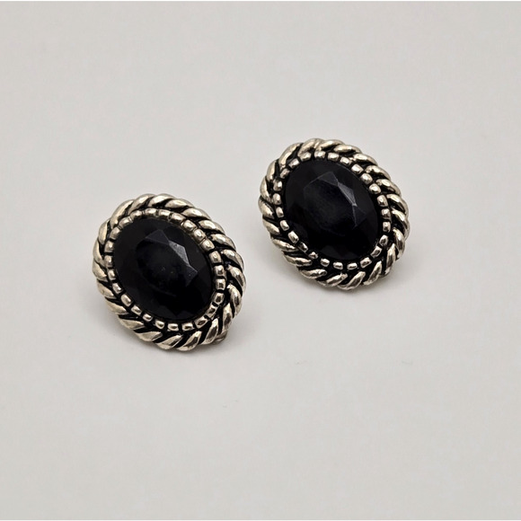 Vintage Earrings Black Oval Lucite Stone Chunky Silvertone Clip On Retro Classic - Picture 5 of 12